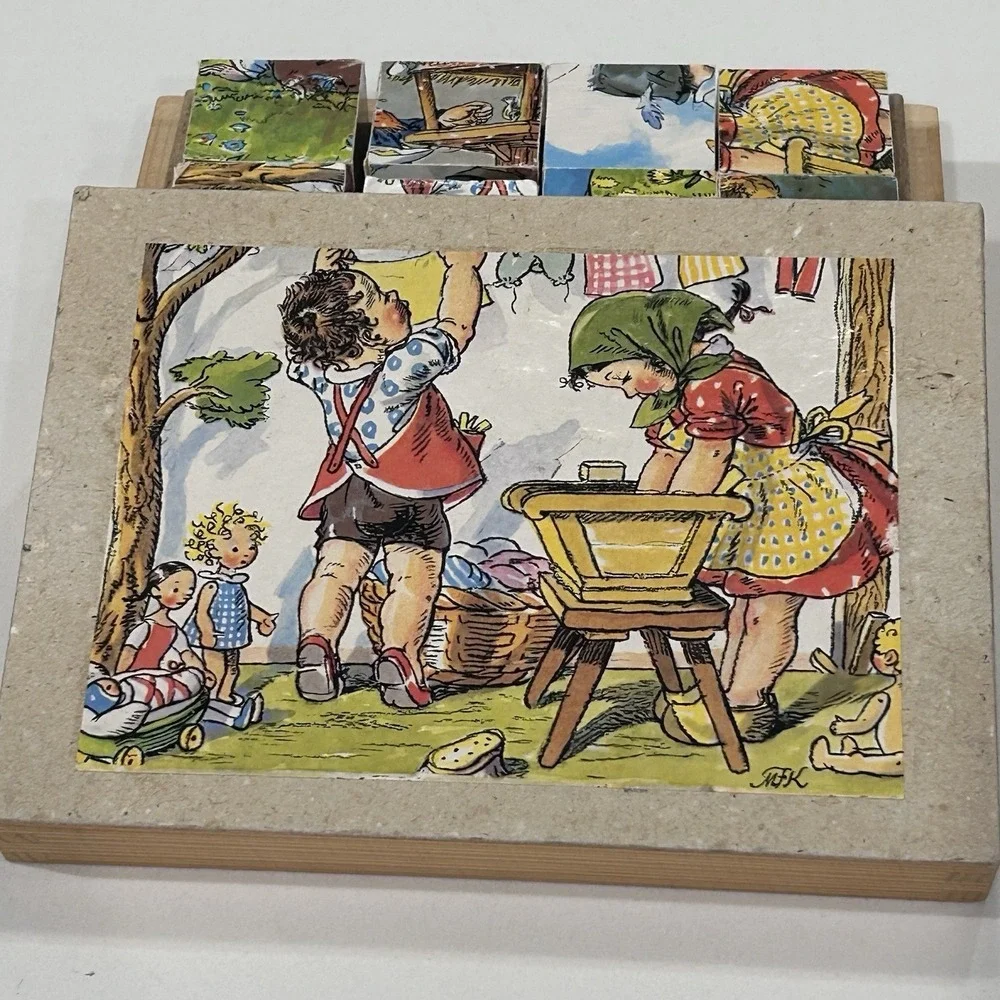 Vtg Czech Wood Block Puzzle 12 Cubes 6 Puzzles Artist Marie Fischerova Kvachova